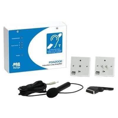 AKT1 TV/Music Lounge Hearing Loop Kit - amplifier front view, handheld microphone and two outreach plates
