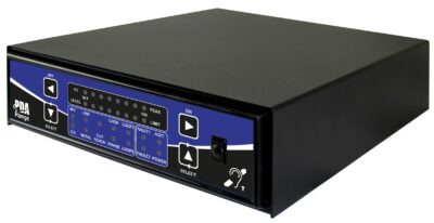 PDA11/SD free standing hearing loop amplifier front and side view