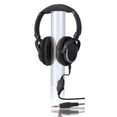 A pair of black headphones with cushioned ear defenders