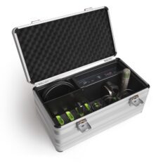 the roger charging case is a silver suitcase with black padded interior