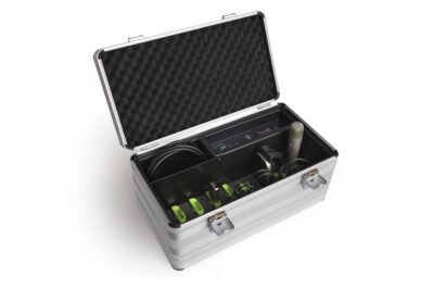 the roger charging case is a silver suitcase with black padded interior